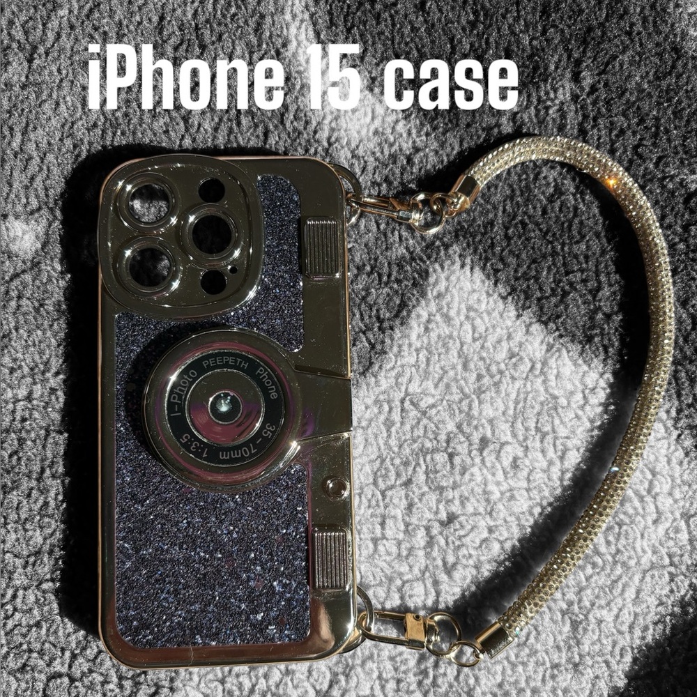 Gold and Black iPhone 15 Case with Strap